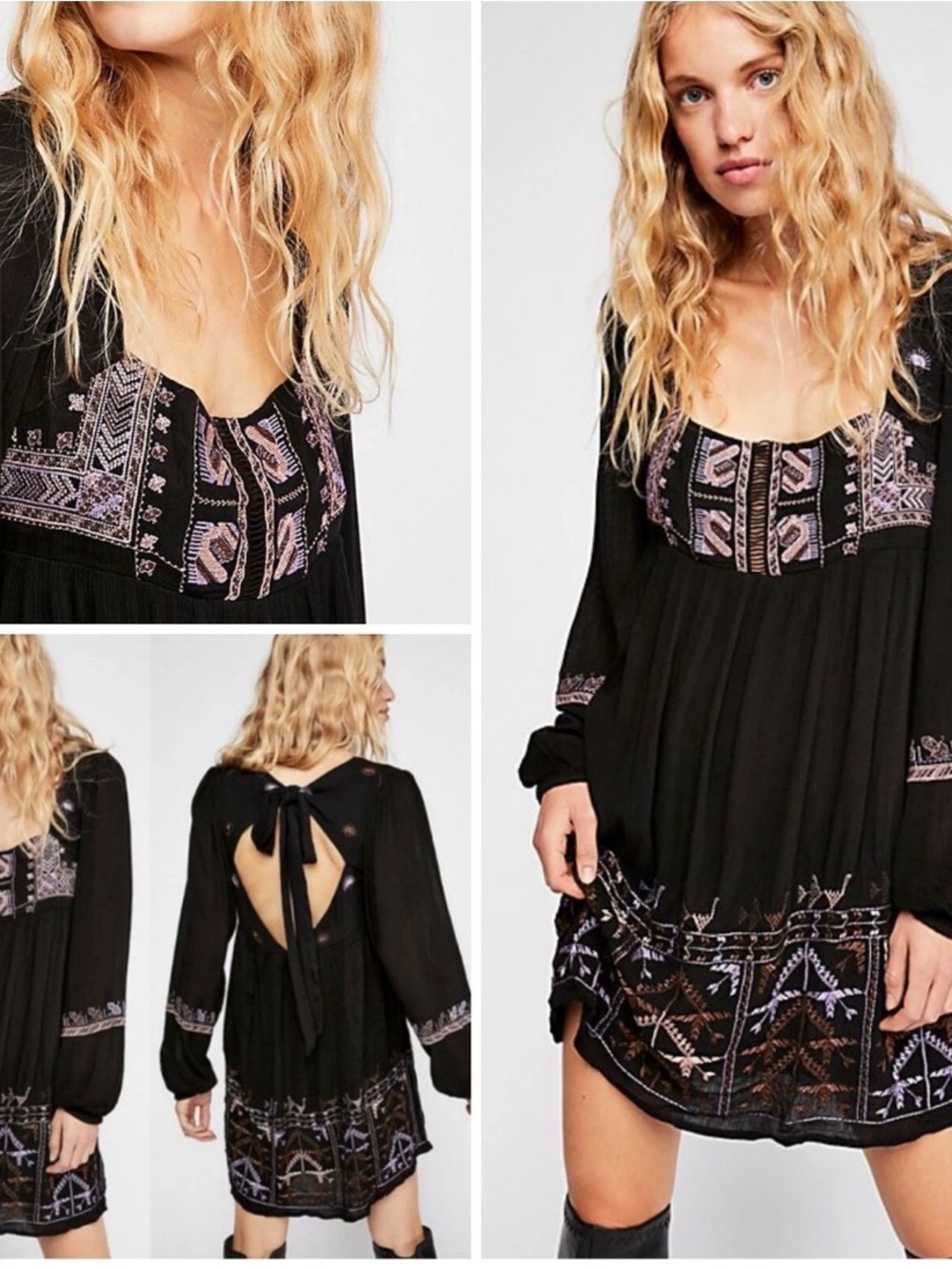 Free People Rhiannon Embroidered Mini Dress Black Size M boho peasant